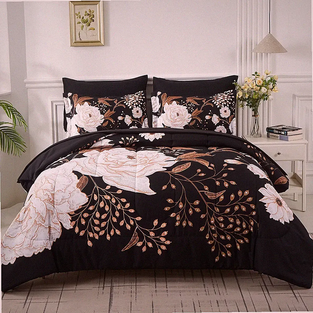 5 Piece Bed in a Bag Twin Size Comforter Set Botanical Floral Bedding Set,Whi...