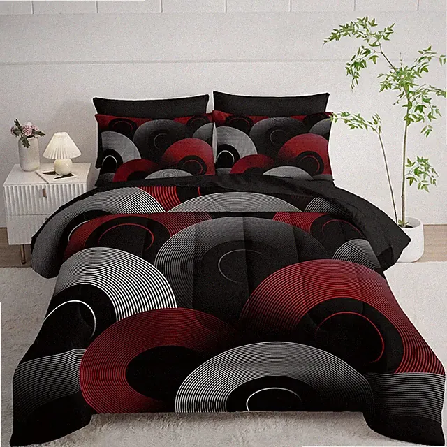 7 Piece Black and Red King Comforter Set Geometric Pattern，Geometric Bedding Set
