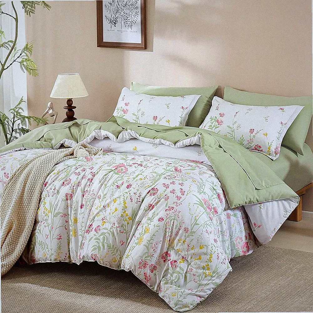 7 Piece Floral Full Size Comforter Set, Pink Green Cute Comforters Bedding Set f