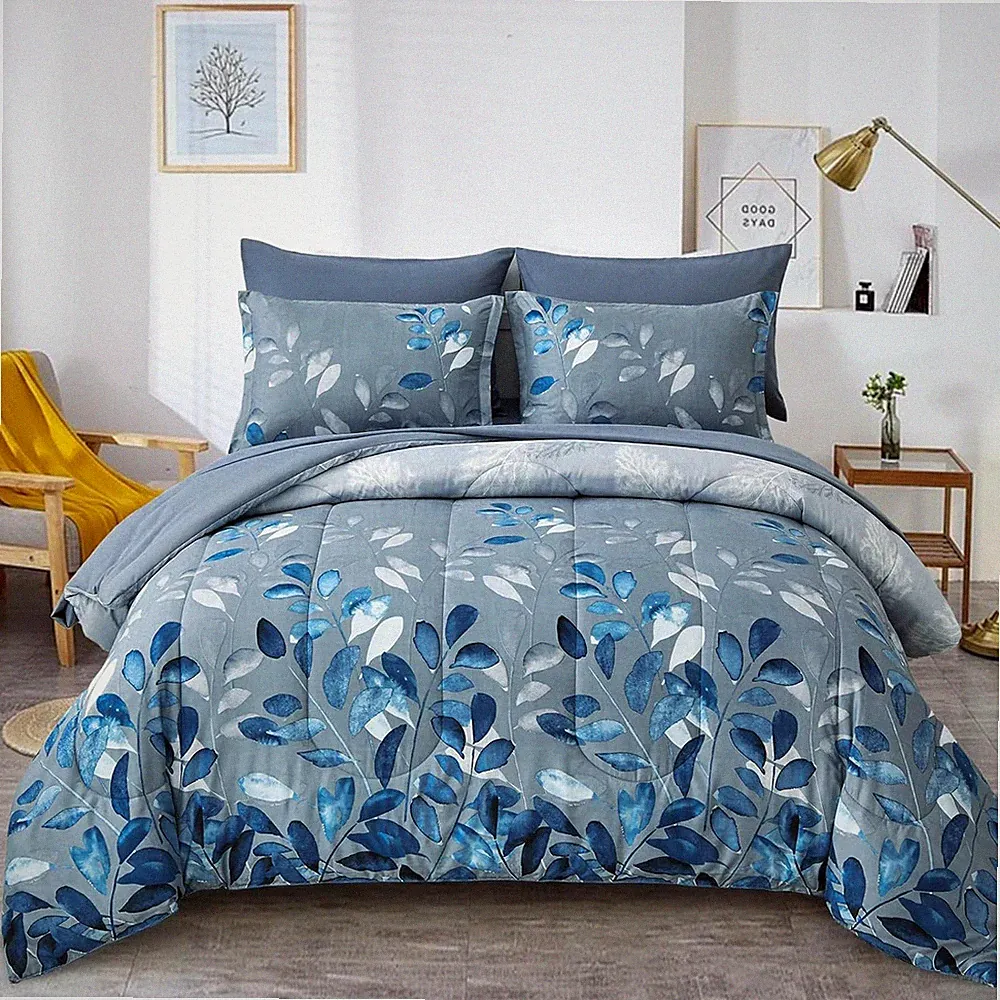 7 Piece Full Size Comforter Set Blue Botanical Bed in a Bag Microfiber Bedding