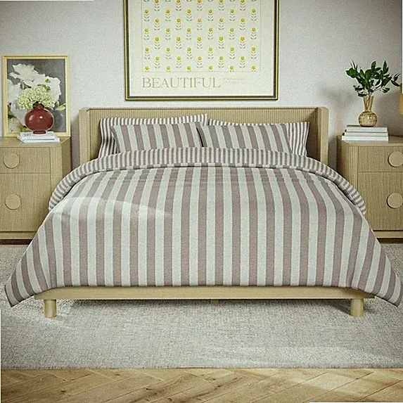 Beautiful 100% Cotton Striped 3-Piece Natural Comforter Set, Full/Queen