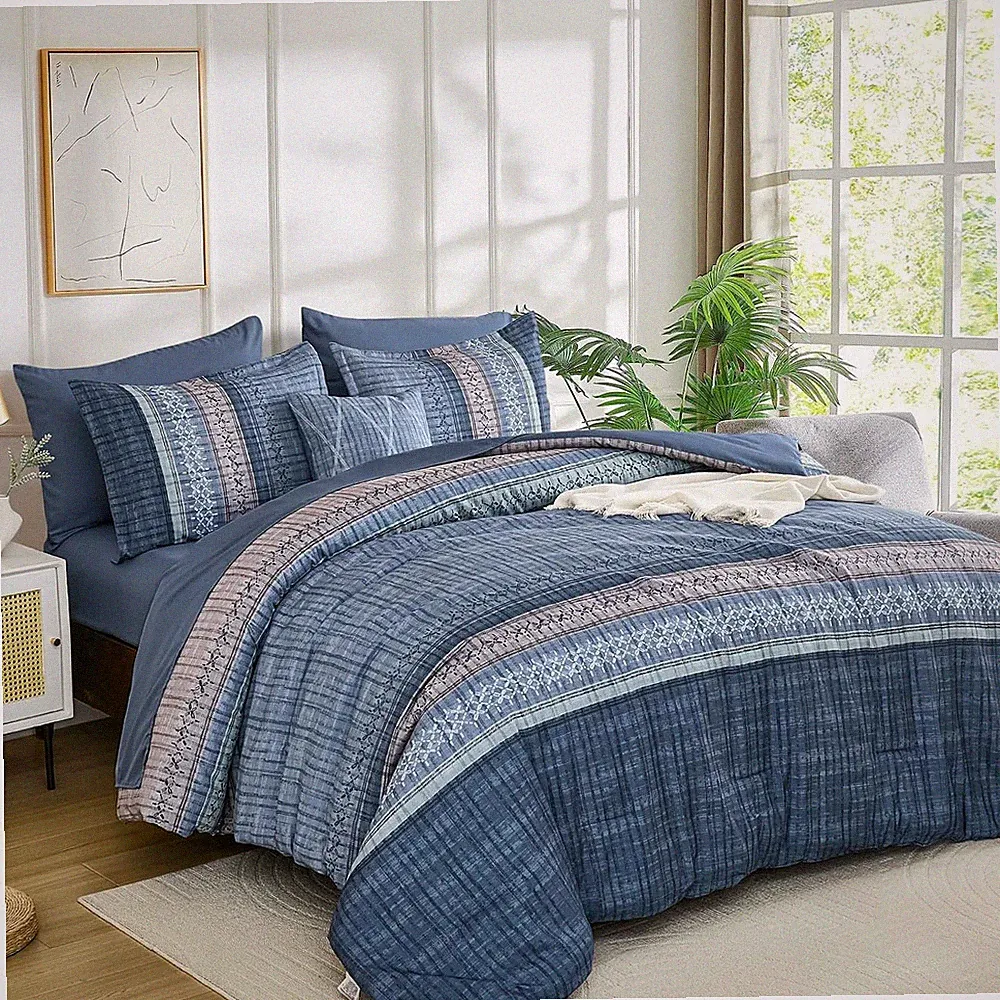 Blue Comforter Set Queen Size, 8 Pieces Boho Striped Bed in a Bag Soft Microfibe