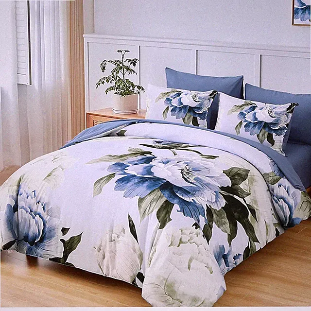 Blue Full Size 7 Piece Comforter Set - Floral Print Bedding`