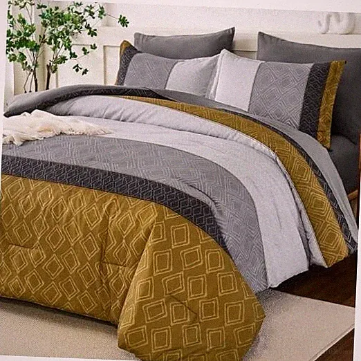 Boho Comforter Set,7 Piece Bed in a Bag Size Warm Striped Queen Gray Yellow