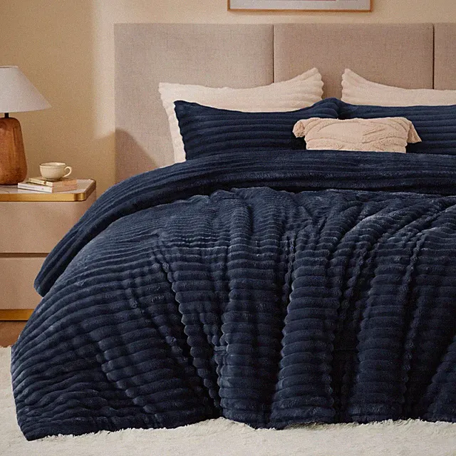California King Fleece Comforter Set Luxury Fuzzy Navy Blue Bedding BEDELITE