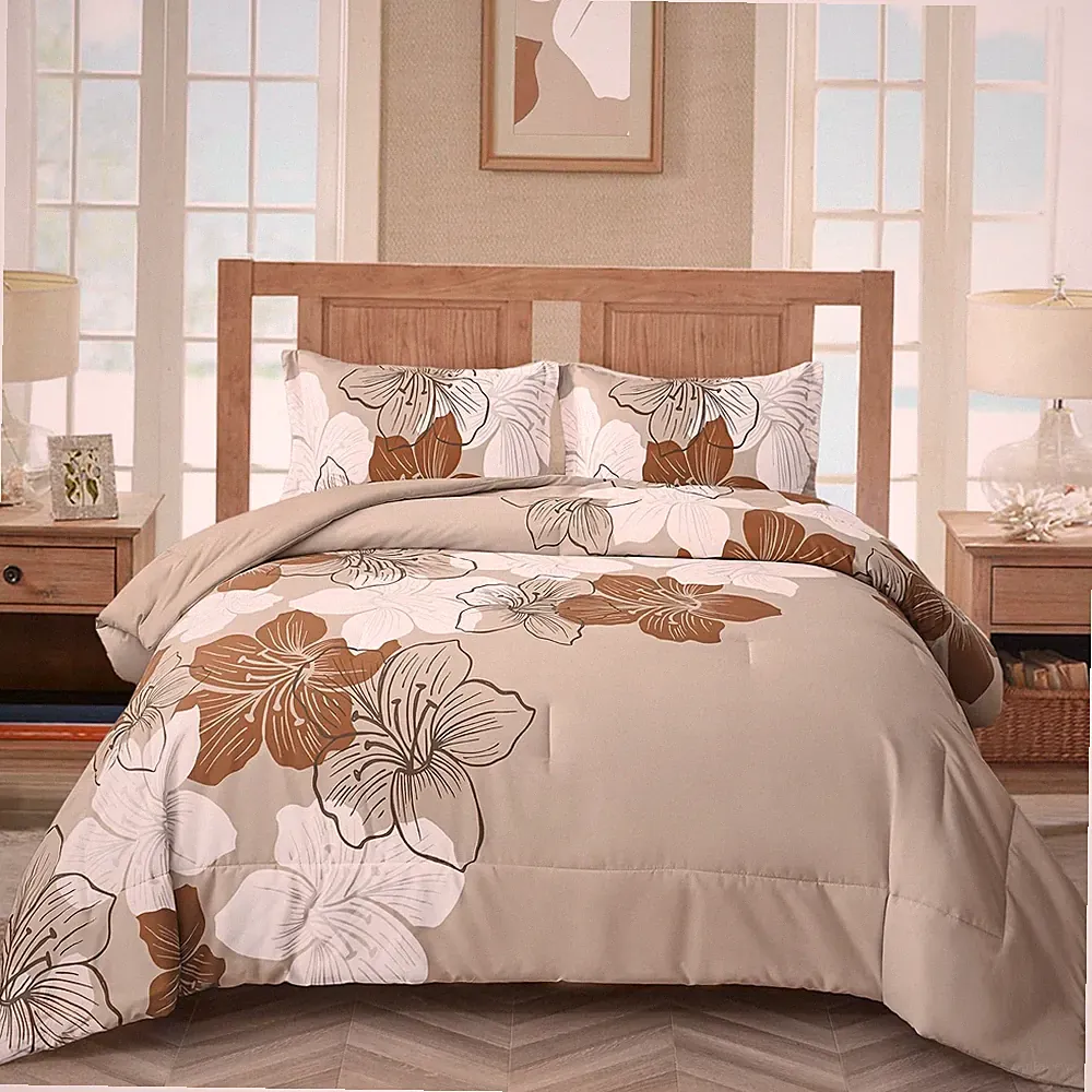 Comforter Set California King Floral Bedding Set Soft Microfiber 3 Piece Taupe