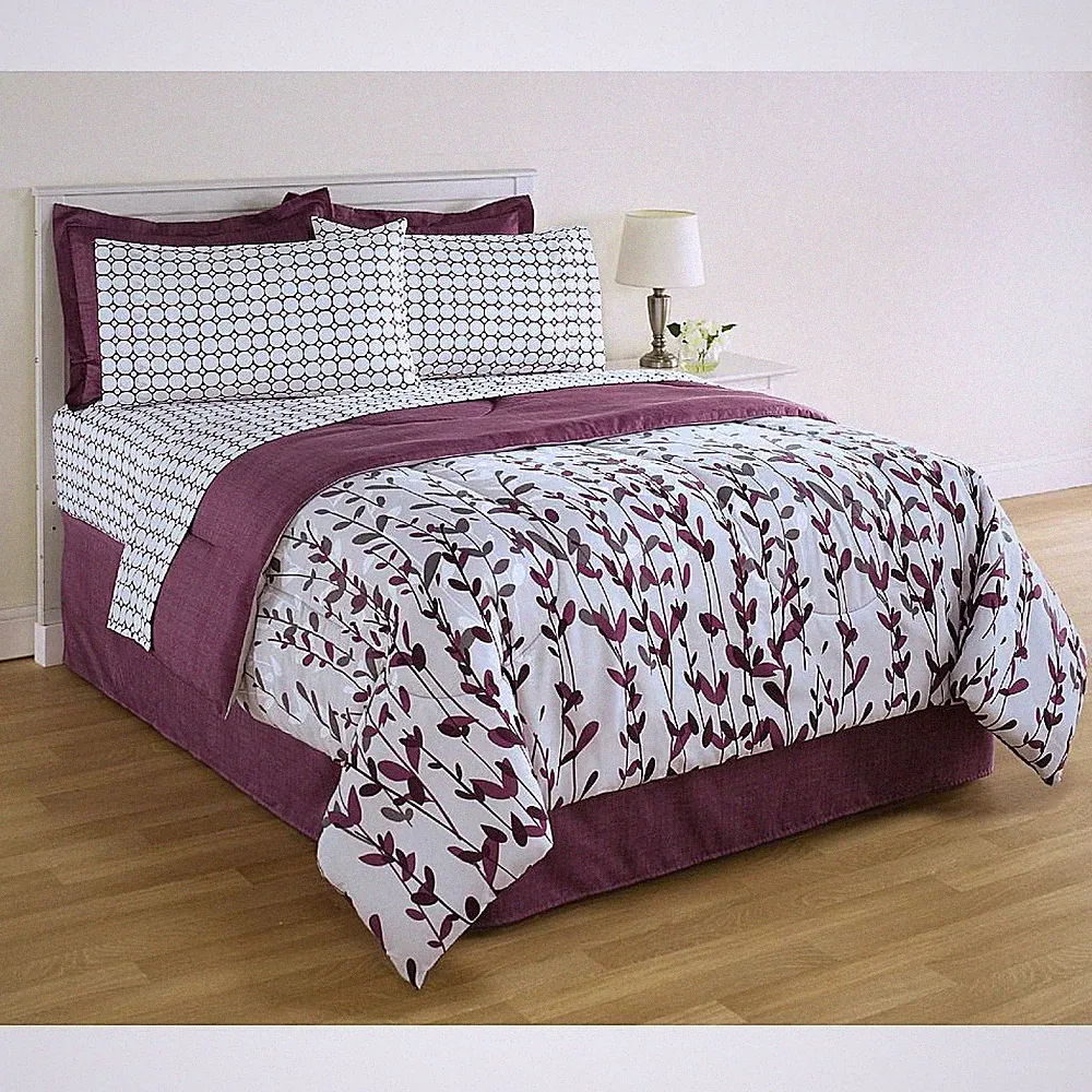 Essential Home 6-pc Twin Bed Bedding Comforter Set Vertical Vines & Dots Purple