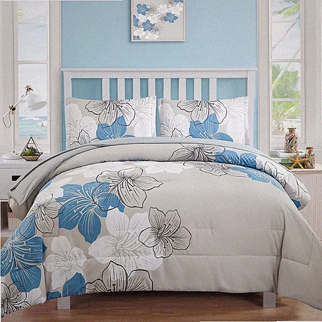 Floral Comforter Set Twin Size, 6 Pieces Bed in a Bag Blue Floral Comforter a...