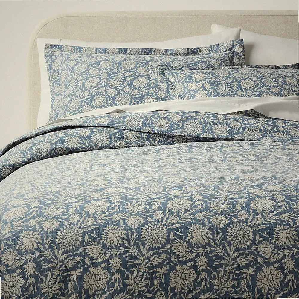 Full/Queen Casual Textured Cotton Printed Duvet Cover and Sham Set Blue