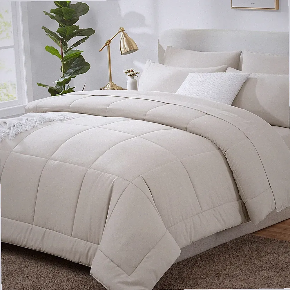 Full Size Beige Comforter Set, 7-Piece Bed in a Bag, All Season Bedding