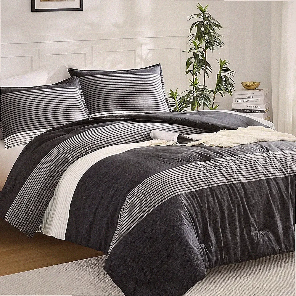 Full Size Comforter Sets Black White Grey - 3 Pieces Lightweight Bedding Set,...