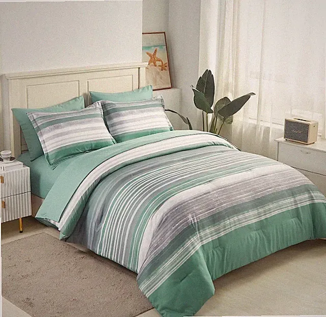 KAKIJUMN 5 Piece Bed in a Bag Stripe Comforter Set Twin Size Green Microfiber