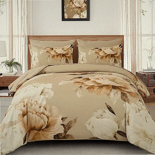 Khaki King Size Comforter Set 7 Piece Bed in a Bag King, Taupe Floral Fall Comfo