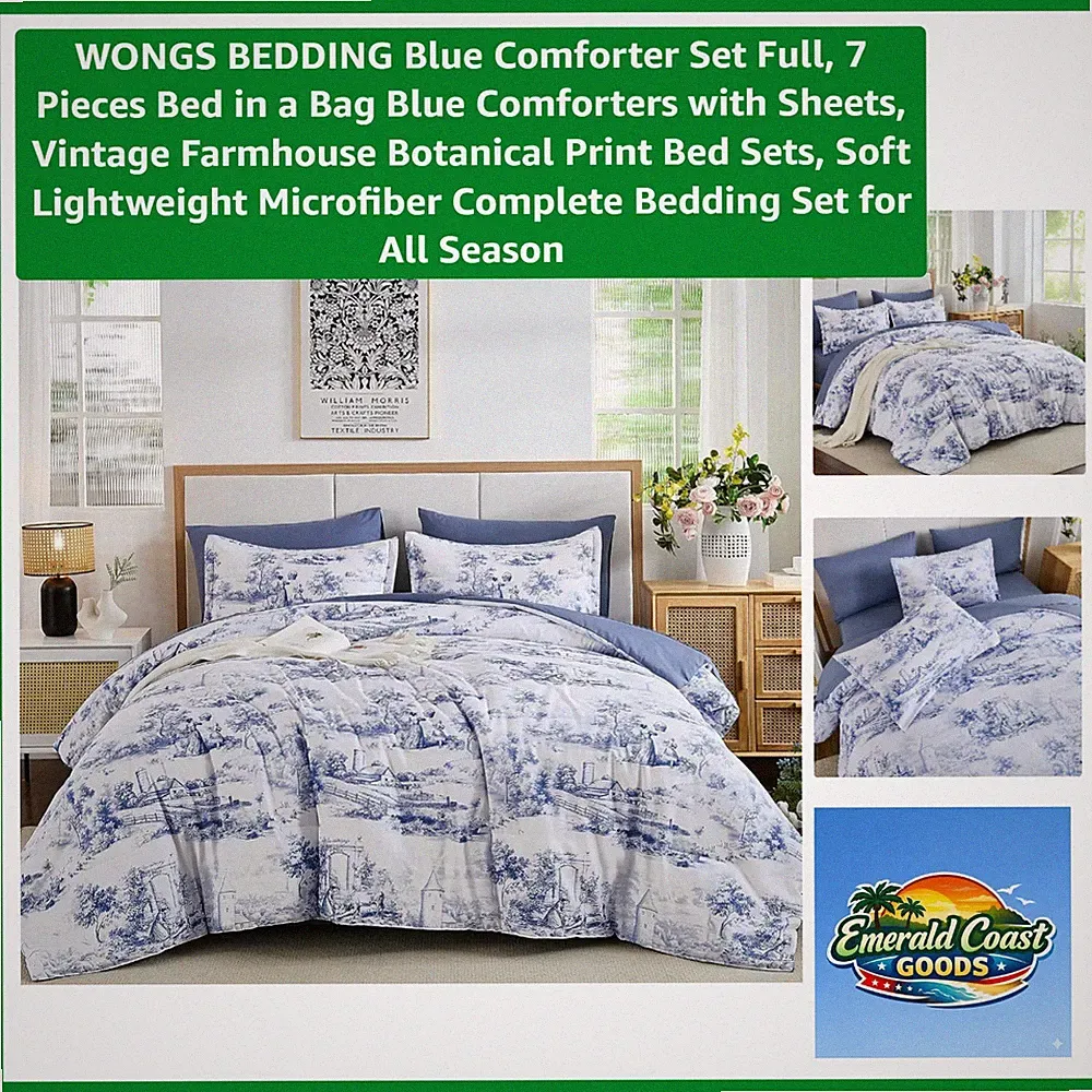Luxurious Blue Microfiber Comforter Set with Floral Print - Full Size Bedding