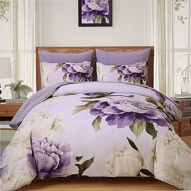 Purple Queen Comforter Set 7 Piece Bed in a Bag Queen Purple Floral Printed