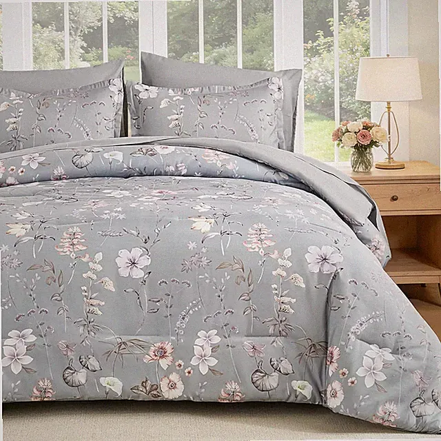 Queen Comforter Set, Grey Botanical Floral Bedding Comforter Sets Queen Size for